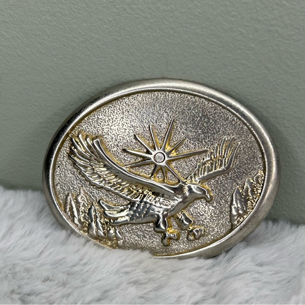 Vintage Eagle Belt Buckle Silver Tone Western Bird Mountain Sun Design